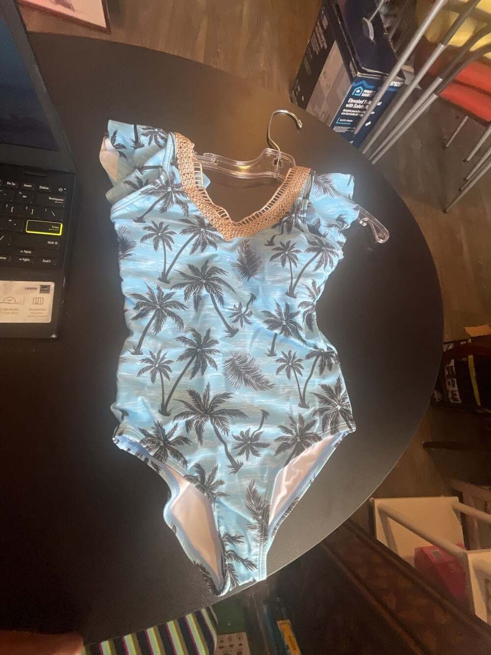 Girls Palm Tree Print One Piece Swimsuit Size (6Y-7Y)M Blue